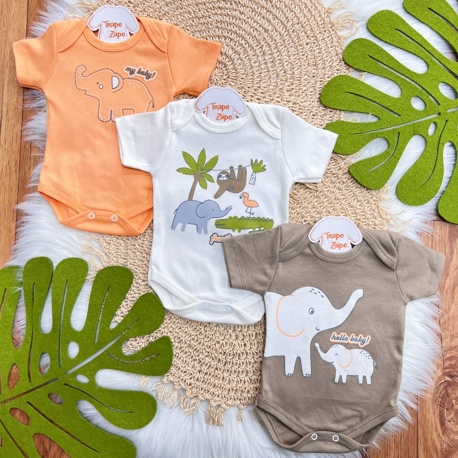 Kit 3 Peças - Bodys Manga Curta Elefantes Hello Baby - Laranja, Branco e Marrom